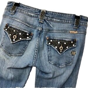 MISS ME Jeans 29 Tag 30.5 x 33 Corona Boot Brass Stud Bling‎ Flap Pockt Distress
